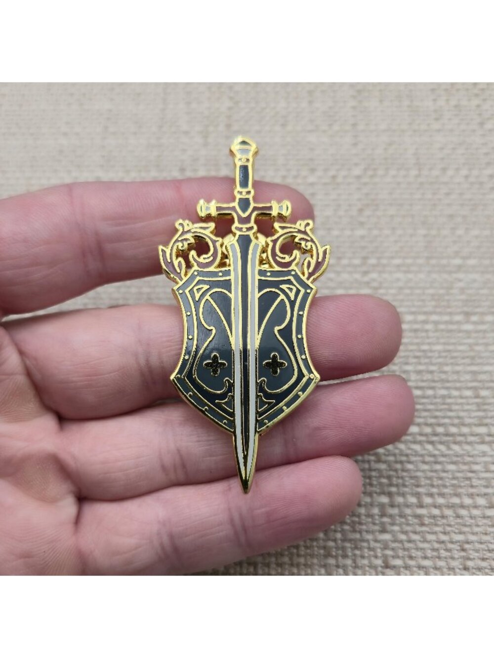 Ornate Sword and Shield Enamel Pin | Fantasy Knight Badge B1553